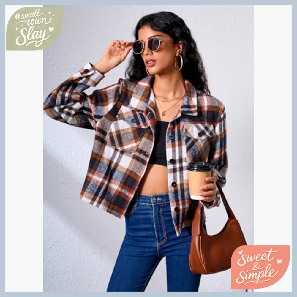 Cropped Flannel Shacket Button Down Casual Jacket… - image 5